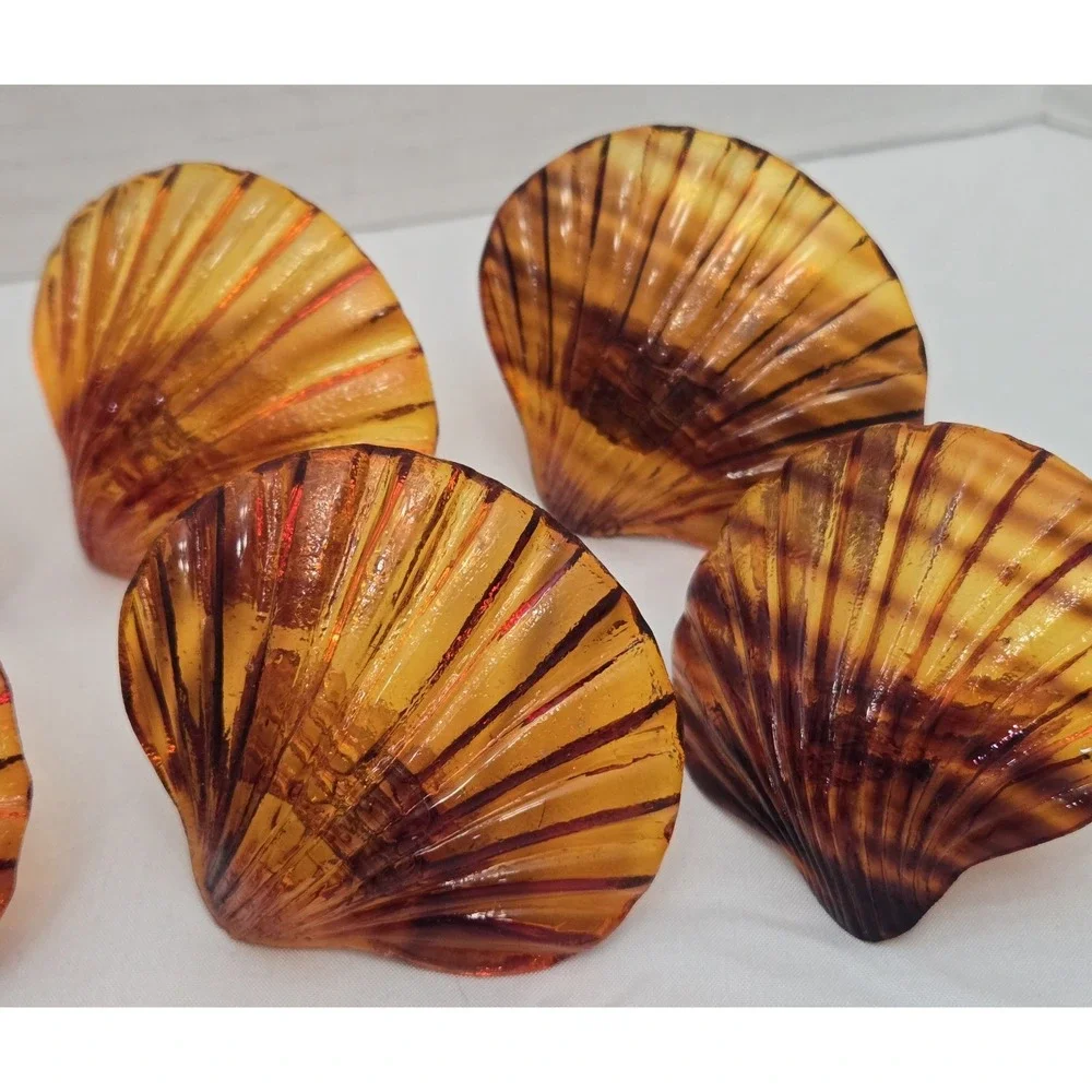 Vintage Amber Tortoiseshell Acrylic Shell Napkin Rings - Set of 10 MCM Scallop
